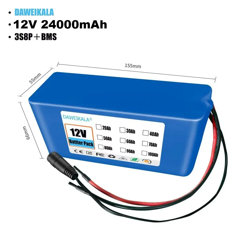 12V 3S1P 3S3P 3S8P 3S12P 30000mAh Battery Pack 18650 Lithium-ion Rechargeable Battery DC for 12V Tools Camping Equipment+BMS: Brown