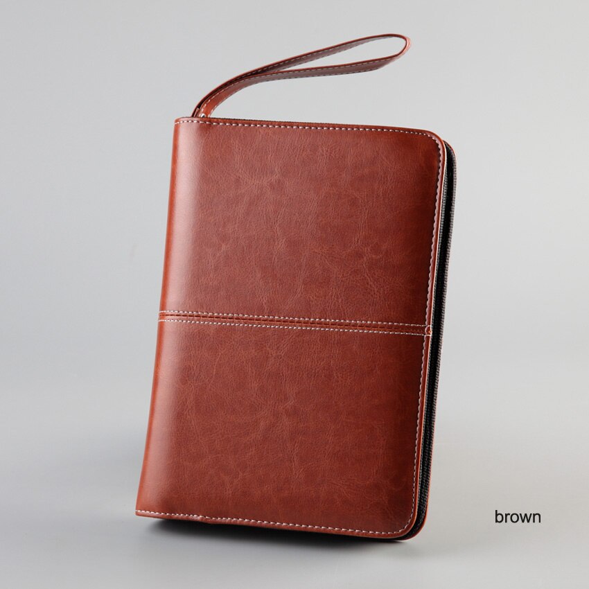 cute weekly A5 planner agenda organizer notebooks PU leather zipper notebook with lift handle refill writing pad 1289: brown