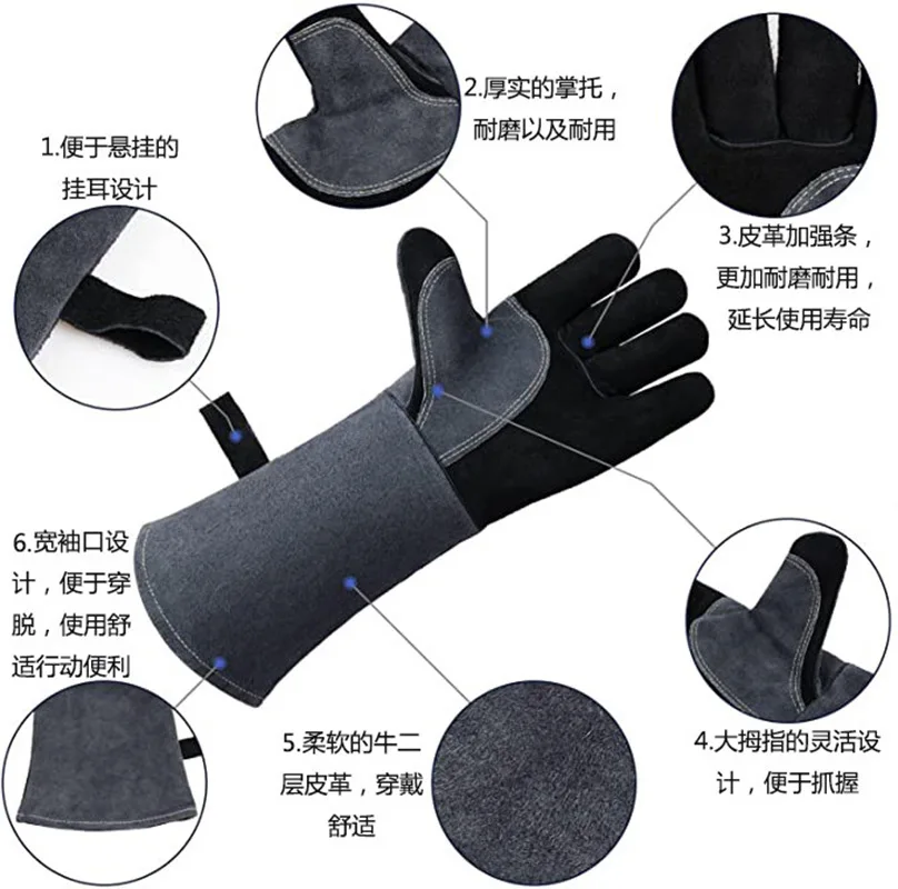 500 ℃ Luvas de forno resistentes ao calor luvas de cozimento luvas de churrasco para grill isolamento térmico couro forjamento luvas de soldagem
