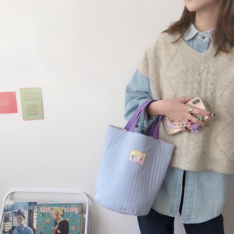 Katoenen emmertas gestreepte gewatteerde schoudertassen crossbody trekkoord kleine tas warme canvas draagtas voor dames: Blauw zonder band