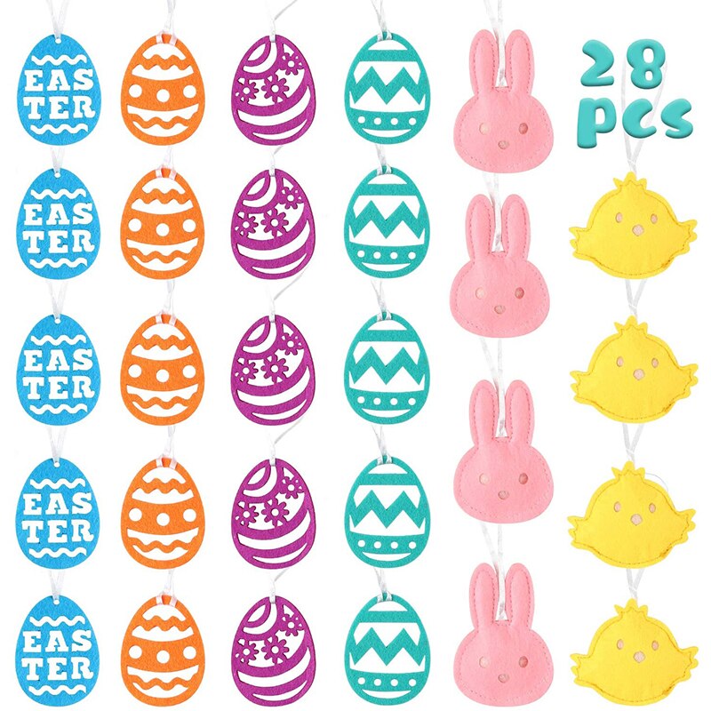 28pcs Easter Theme Felt Ornaments Set Tree Easter Egg Hanging Decorations Egg Shaped Cutouts for Parties Kawaii Bunny Ornament