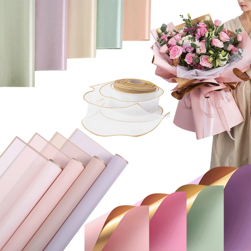 5pcs Bouquet Flower Wrapping Papers Golden Edge Ribbons Korean Paper for Valentine's Day Wedding Birthday Packing Decors