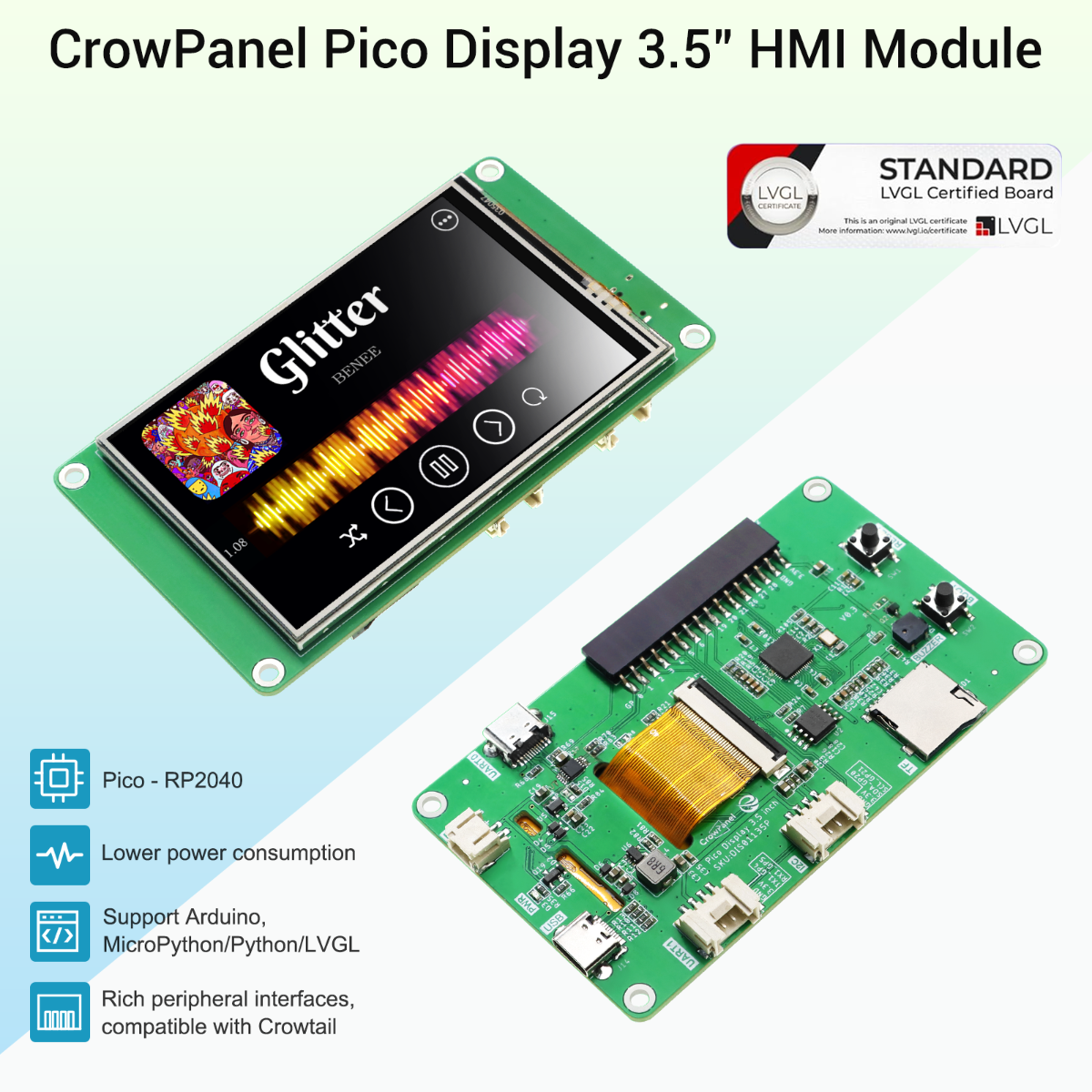 Elecrow crowpanel pico -3.5 tommer 480*320 display tft lcd hmi modul spi berøringsskærm med  rp2040 understøtter lvgl/c/c++/micropython