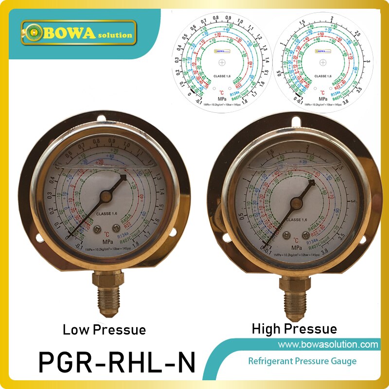 One pair of R404a, R22, R134a & R407c radial pressure Gauge includes 1.8MPa and 3.8MPa to indicate suction & discharge pressures