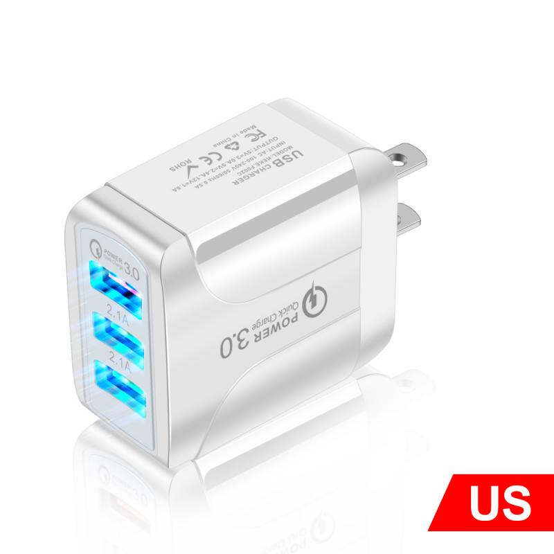 Cargador luminoso 3USB 2.4A para teléfono inteligente, cargador de paso para tableta, cargadores de teléfono móvil, telecomunicaciones: US white