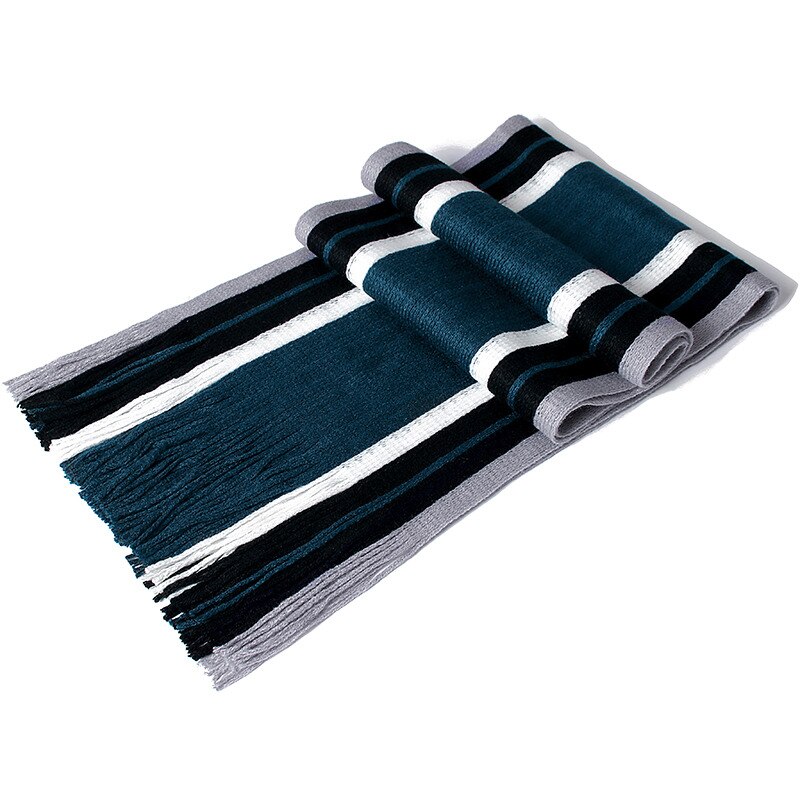 Nyaste scarf herr vinter randig bomull halsduk casual 180*23cm kvinnor halsduk med tofs varma stickade halsdukar: Himmelblå svart
