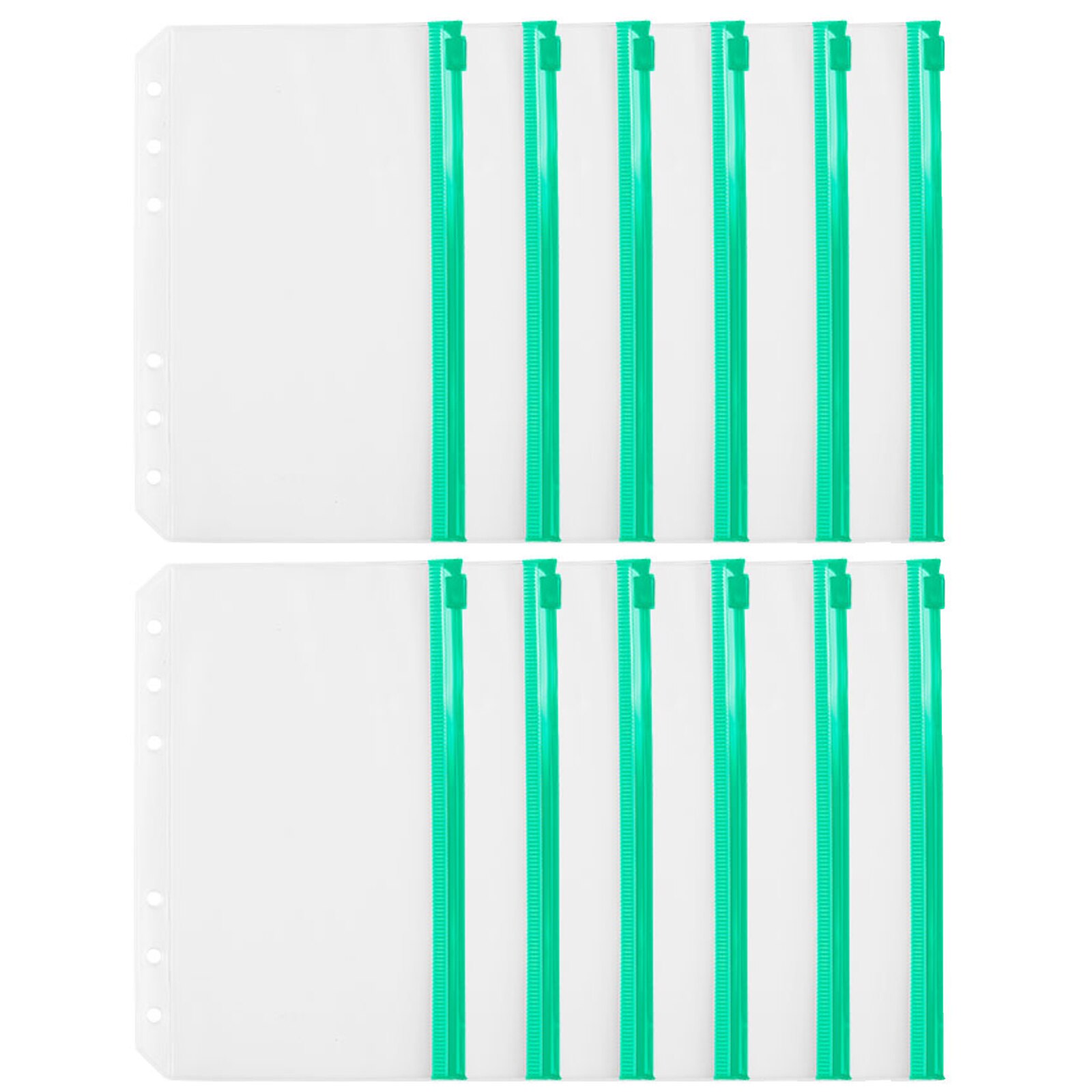 Binder File Holder Storage Zipper Folders A6 12pcs Transparent Loose Leaf Pouch Document Filing Bags Office Student Supplies: Green  