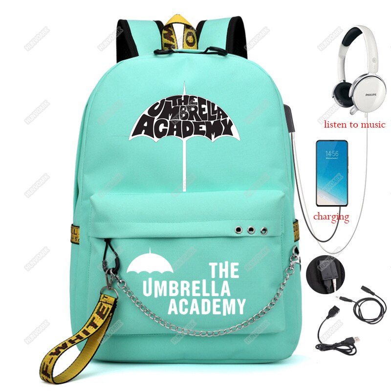 The Umbrella academy USB Backpack Women Men Teenager School Bag Women USB Travel Rucksack Large Mochila Escolar With Chain: Green-1