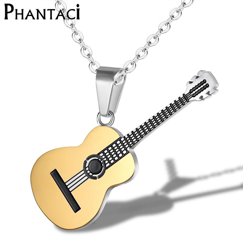 No se decolora la forma de la guitarra 316L Acero inoxidable hombres o mujeres collares joyería Hiphop Rock Slide música elemento cadenas COLLAR COLGANTE