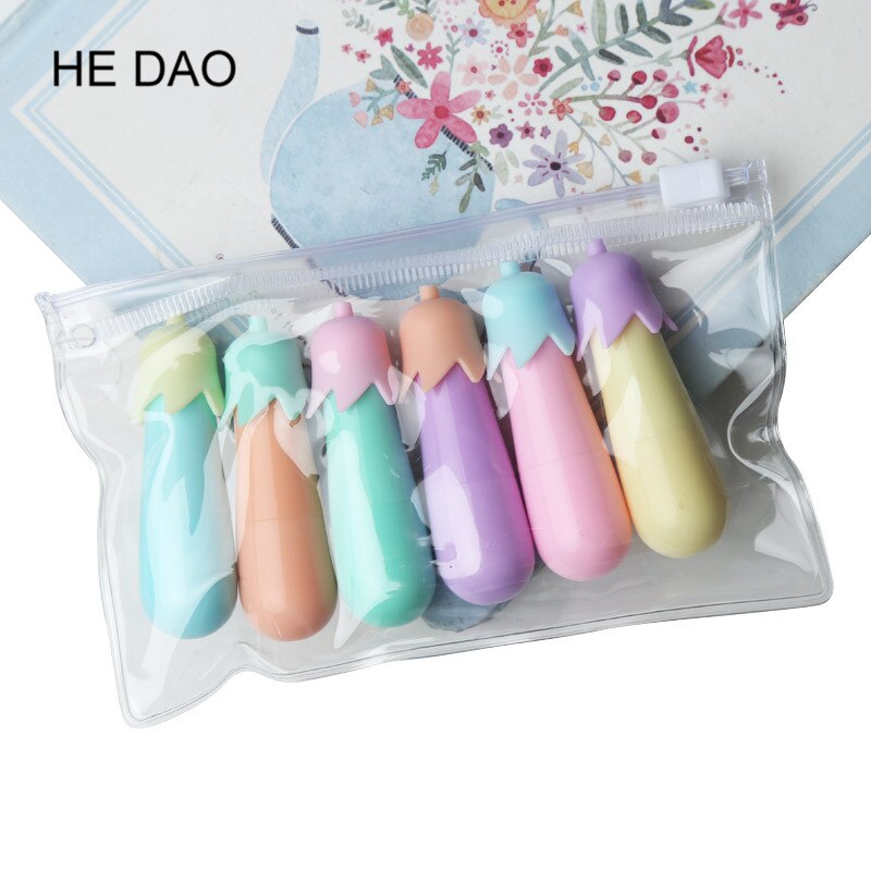 6 stk/lot highlighter sopp og aubergine highlighter tusj farge penner skrivesaker kontor skolerekvisita: B