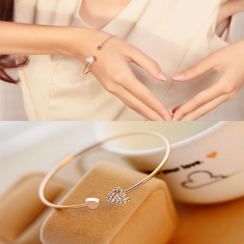 Mode Verstelbare Kristal Dubbele Hart Boog Manchet Opening Armband Voor Vrouwen Sieraden Hart Armbanden En Armbanden