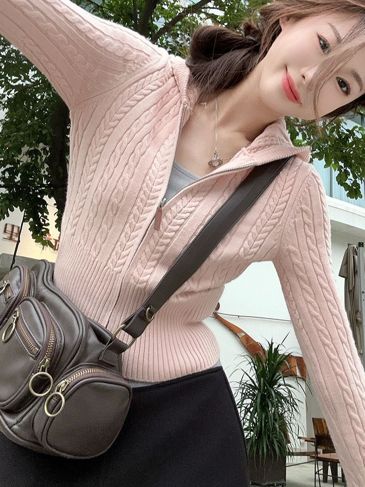Preppy Style Twist Cardigan Women Autumn Clothing Hooded Sueter Mujer Casual All Match Knitted Solid Sweater Tops Pull Femme