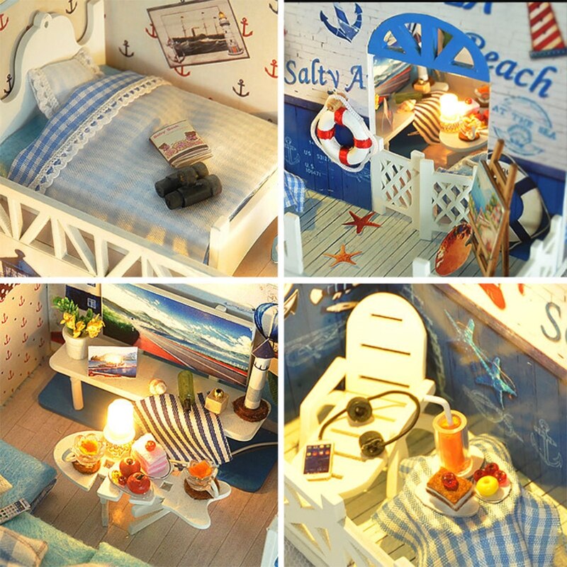 Dukkehus miniature med møbler, diy træhus kit plus støvtæt  , 1:24 lille husbygningssæt ， (kærlighedens oceaner）