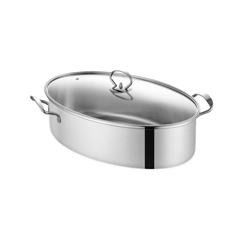 Stainless Steel Fish Steamer Multi-purpose Oval Roasting Cookware Thickened Steamed Fish Pot Glass Lid Steaming Pot Cookware