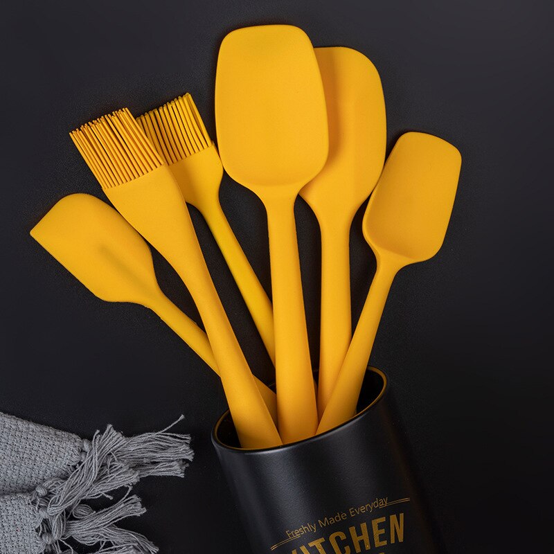 Herramientas de cocina de silicona resistentes al calor, espátula antiadherente, tenacillas giratorias, cuchara para sopa, pala, cepillo de aceite, caja de almacenamiento de utensilios de cocina