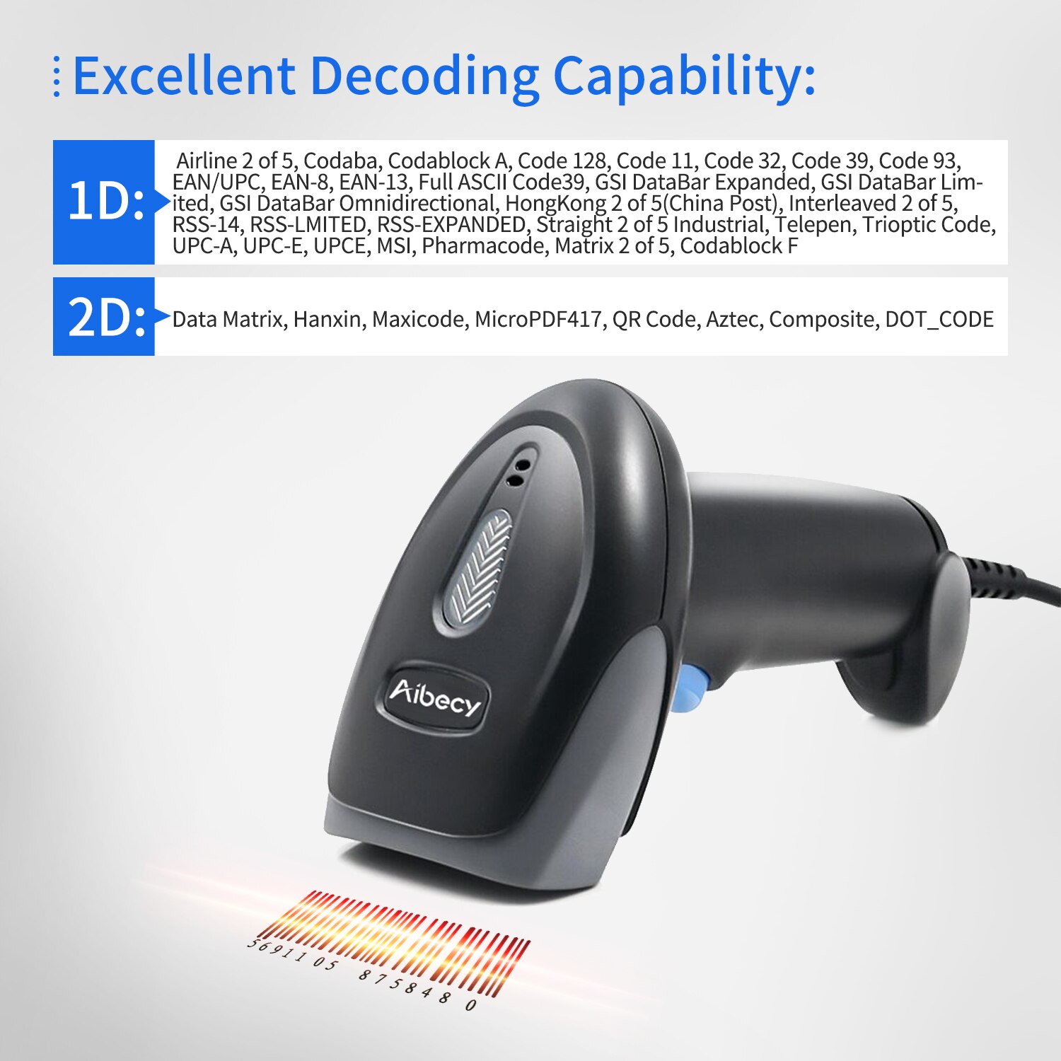 Aibecy Handheld Barcode Scanner 1D/2D/QR Code Scanner 2,4G kabellos & USB Verdrahtete Bar Code Leser für Supermarkt Einzelhandel