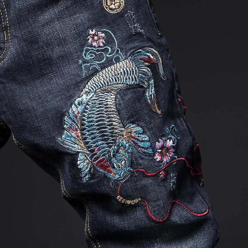 Pantalones vaqueros rasgados para hombre, jeans ajustados con bordado de carpa, ropa de calle, elásticos, ajustados, para motocicleta