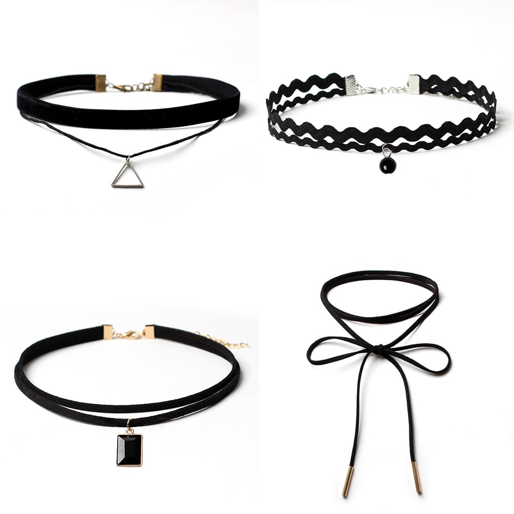 Women\'s Triangle Pendant Flower Lace Layered Wavy Velvet Vintage Choker Necklace