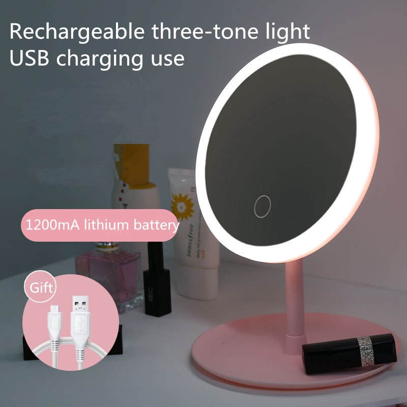 Led Light Makeup Mirror Storage LED Face Mirror Adjustable Touch Dimmer USB Led Vanity Mirror Table Desk Cosmetic Mirror: Round D
