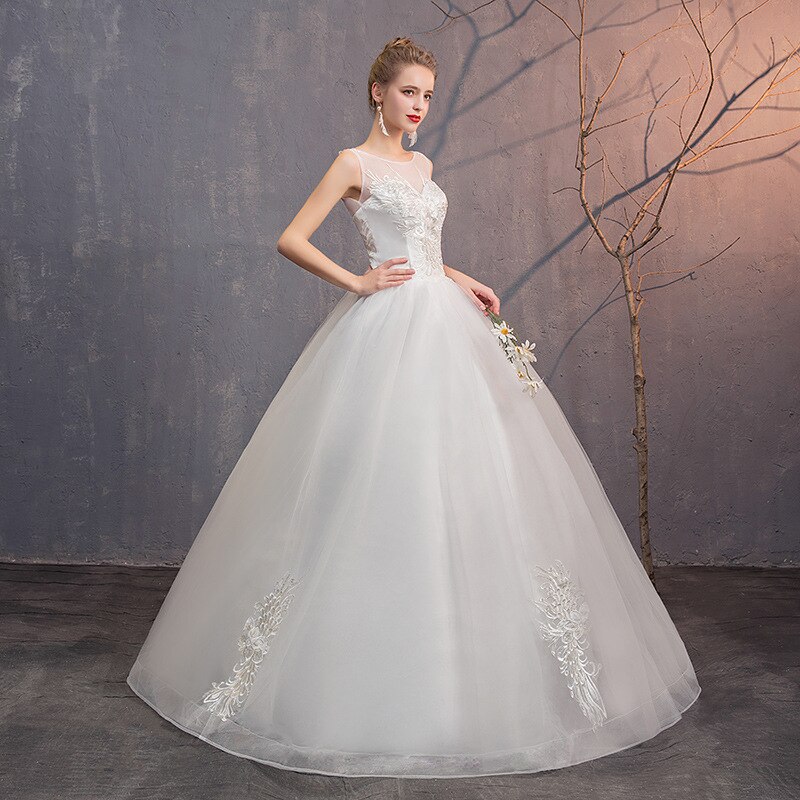 White Lace Wedding Dresses Ball Gown Lace Up O-Neck Sleeveless Appliques Tulle Simple Bride Wedding Gowns Vestido De Noiva: 8