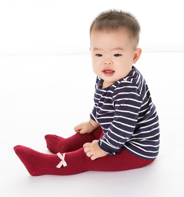 Bebê leggings primavera penteado algodão desossado costura cabeça outono toddlers meia-calça algodão com nervuras collants meninas: Wine Bow / S 0-12Months