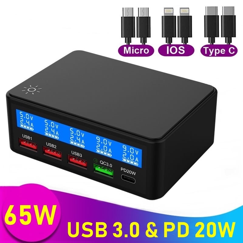 Universal 65W Multi 4 Port USB Fast Charger Portatil Quick Charge QC3.0 PD 20W Lcd Display Charging Station for Phone Tablet