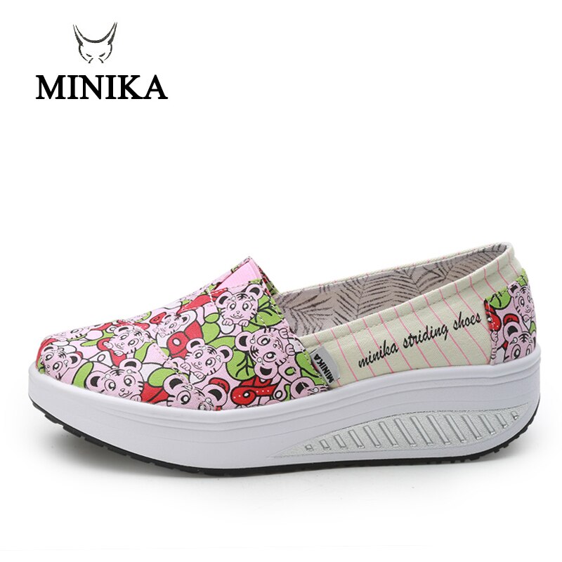 MINIKA Canvas Print Women Swing Shoes Height Increasing Shoes Health Slip-On Shoes Comfort Women Toning Shoes