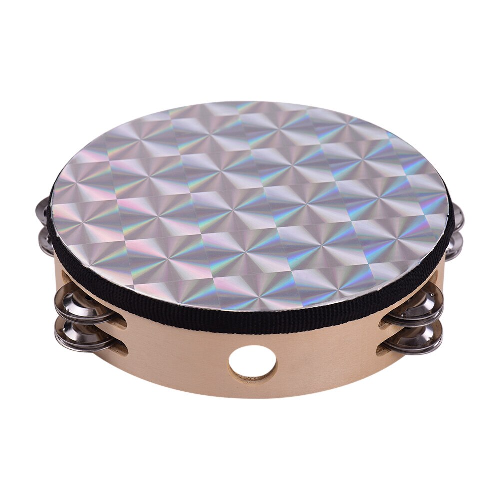 8 Inch Wooden Radiant Tambourine Handbell Hand Drum with Double Row Jingles Reflective Drum Percussion Instrument Musical Toy
