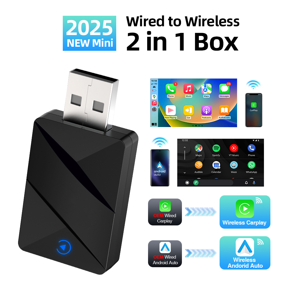 Wireless Carplay Android Auto 2 in 1 Adapter - Wireless Carplay Dongle, Wired Convert to Wireless