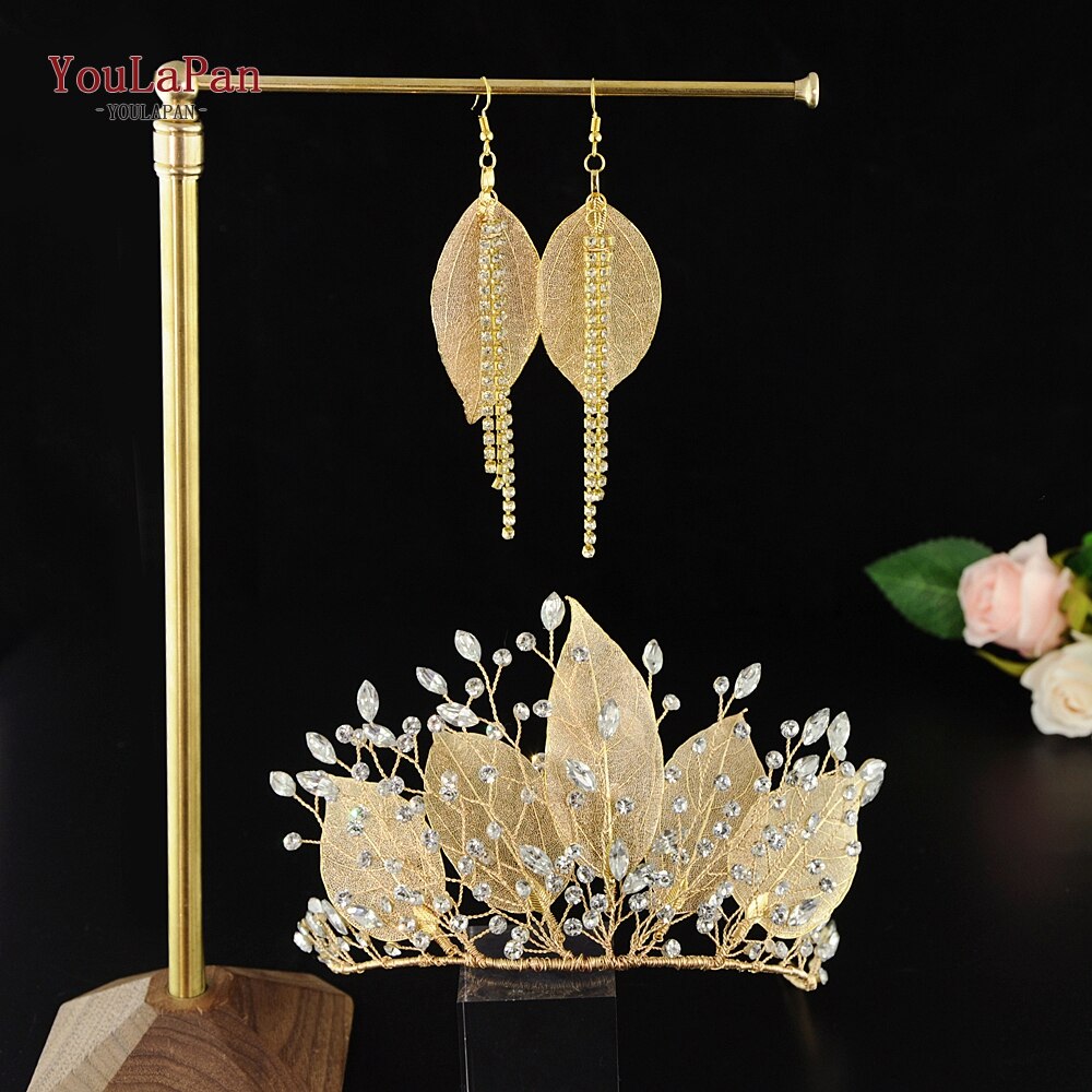 TOPQUEEN-corona de dos colores para boda, diademas de hojas hermosas, banda para el pelo de para mujer, accesorios de novia elegantes simples: G-1 crown 1 earring