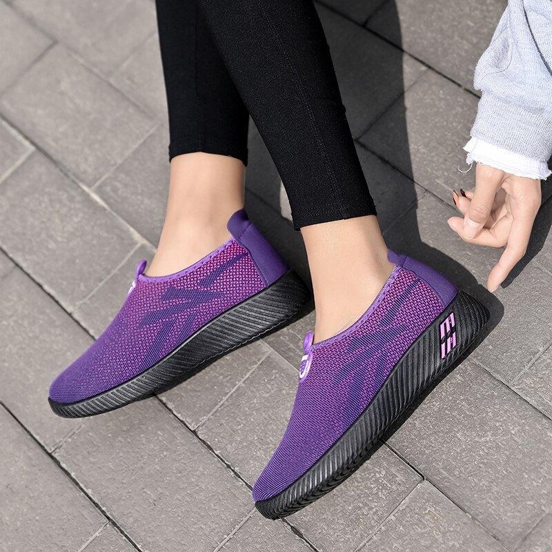Kobiety płaskie buty dzianiny kobieta tenis Slip On buty wulkanizowane kobiece siatki miękkie oddychające obuwie damskie dla pań Sneaker