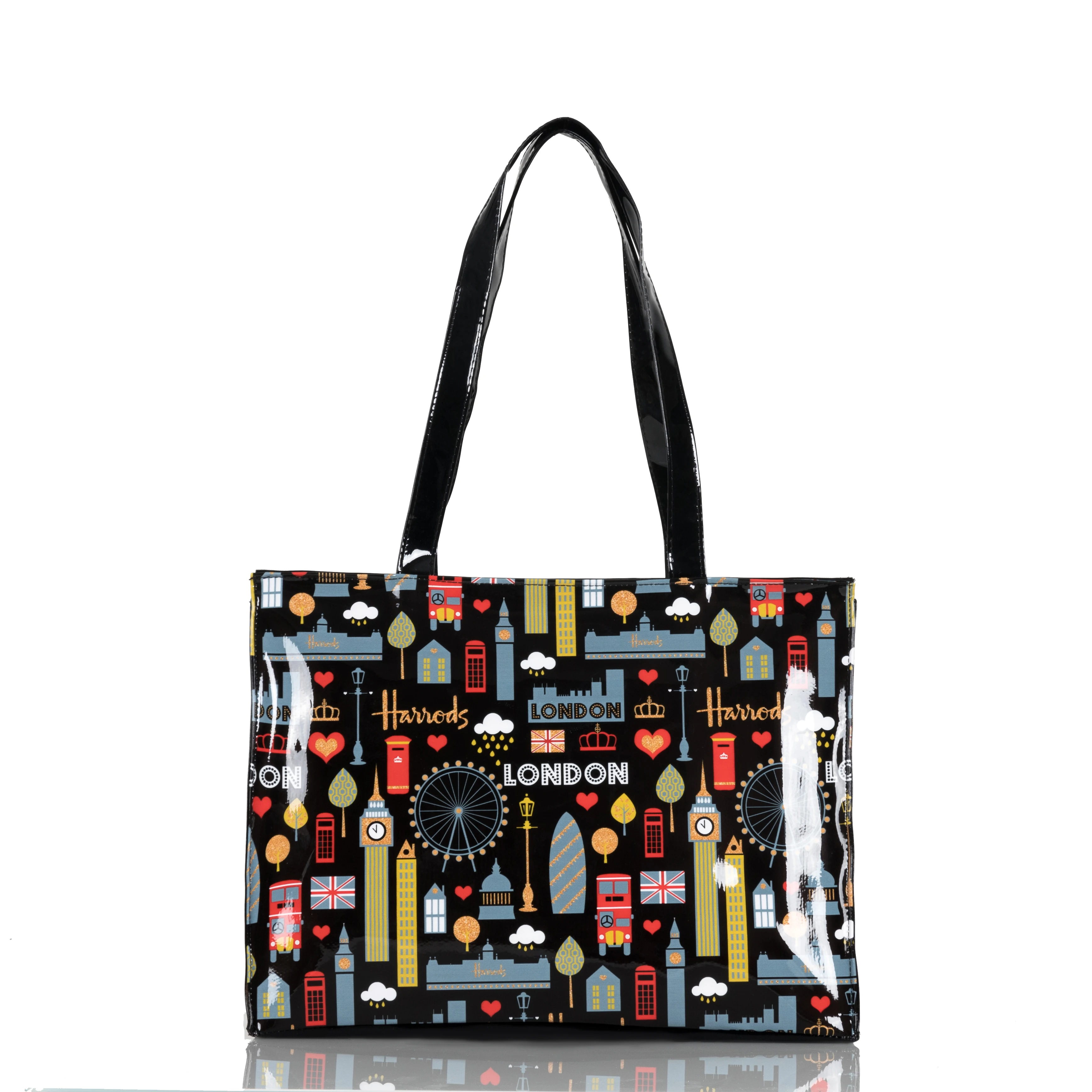 PVC Reusable Shopping Bag Women's Bag Eco Friendly London Shopper Bag Large Capacity Waterproof Handbag Shoulder Bag: black