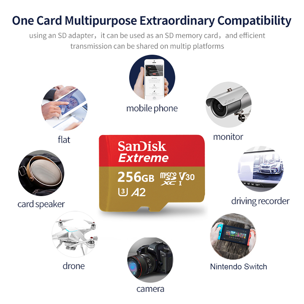 Sandisk Extreme Micro SD Card 128gb 256gb U3 4K V30 A2 Class 10 UHS-1 flash card 512GB 64GB microSD/TF Card For Phone camera
