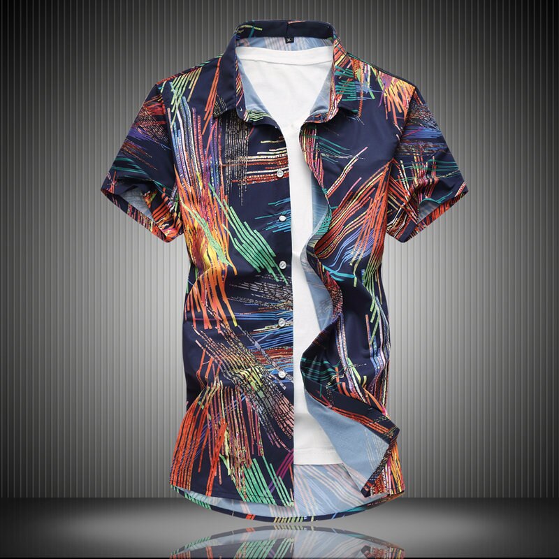 JZ CHIEF Streetwear Graffiti Shirts Men Short Sleeve Summer Casual Button Down Shirt Male Print Business Dress Shirt Plus Size: Navy Blue Shirt / XXXL