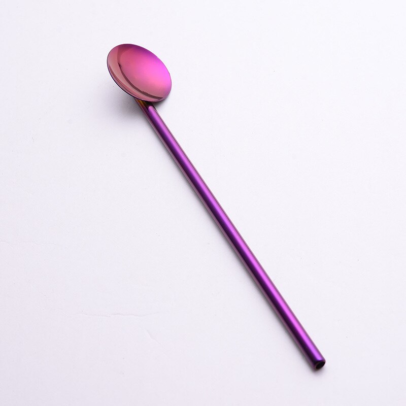 Eco Friendly 304 Stainless Steel Reusable Straws Spoon Beer Drinking Straws Coffee Straws Spoon 190mm: Purple
