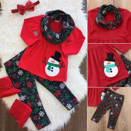 3pcs Kids Baby Girl Christmas Snowman Clothes Romper Dress+Pants Outfits UK