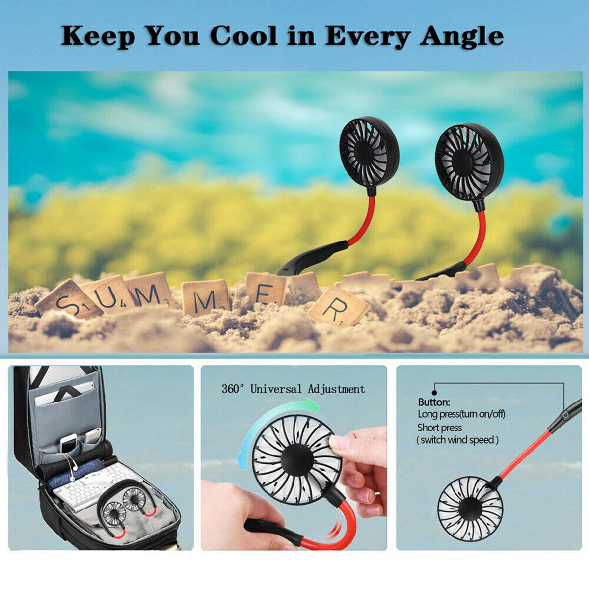 Summer Portable Hands-free Neck Band Hands-Free Hanging USB Rechargeable Dual Fan Mini Air Cooler Outdoor Sports Running