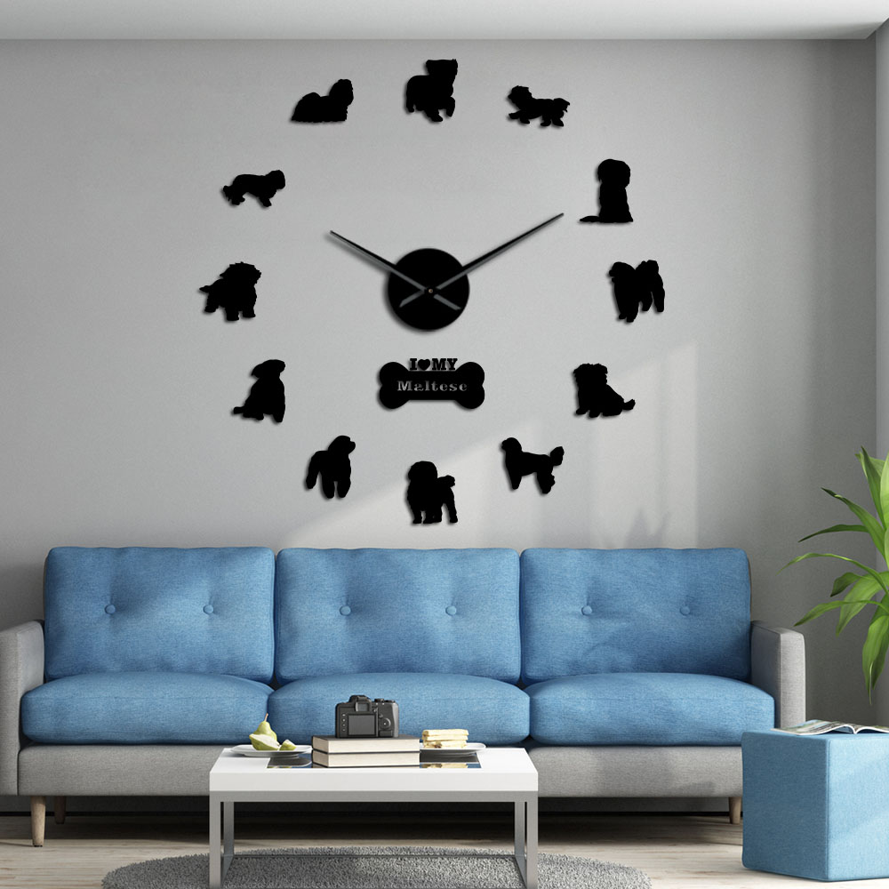 Maltese Hond Ras Frameloze 3D Diy Wandklok Kunstmatige Leuke Puppy Maltese Yorkie Terrier Mute Muur Horloge Voor Pet minnaar