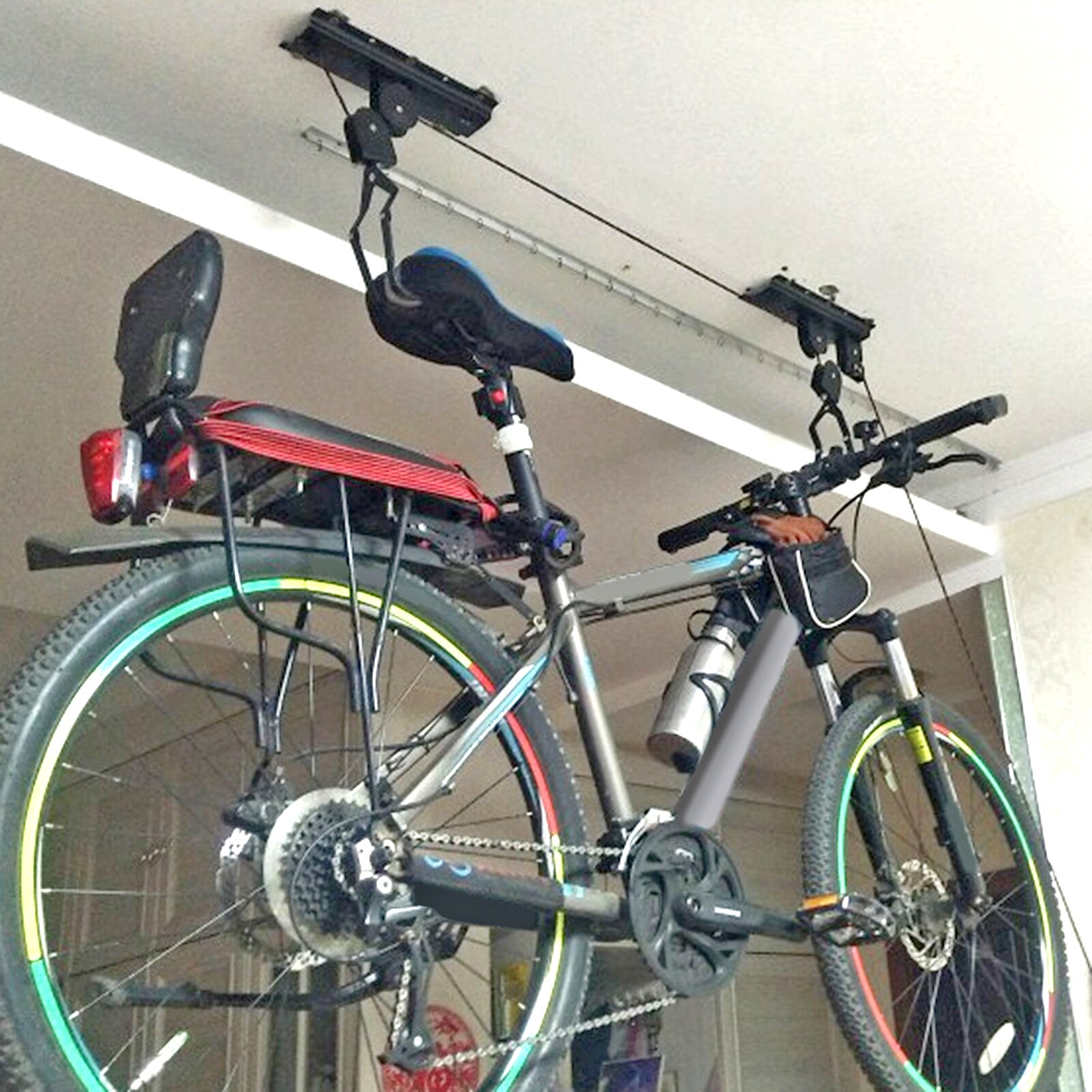 Bike Lift Katrol Systeem Fiets Opknoping Display Parking Rack Voor Garage Plafond Opslag Met Haak Touw Fietsen Tool