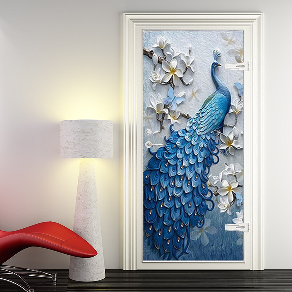Blue Peacock Pattern Door Sticker 3D Wall Sticker Bedroom Study Bathroom Door Mural Vinyl Poster Decorative