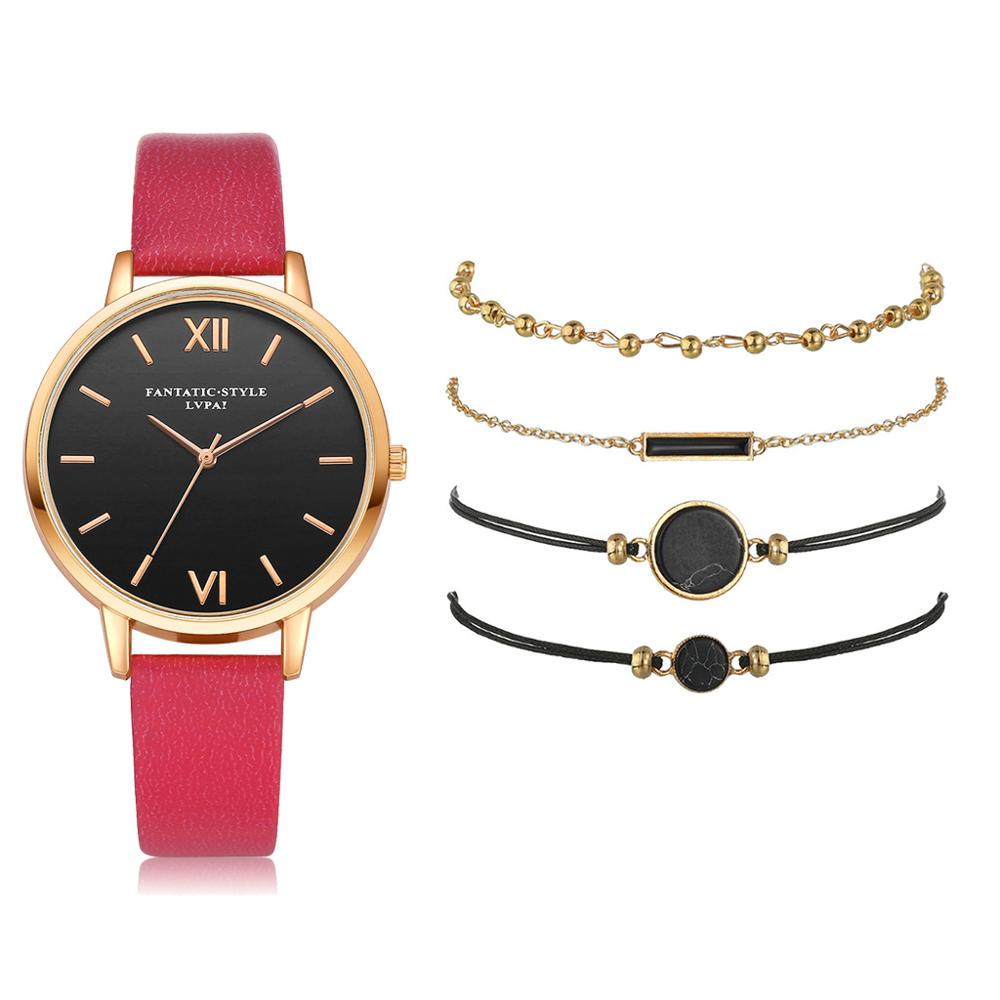 Fasihon Bracelet Watches Women Watches 4 Bracelet Set with Simple Casual Lady Quartz Wristwatch: Rose Red