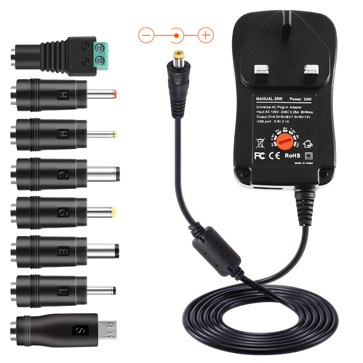 30W Universal Power Adapter 3V/4,5 V/5V/6V/7,5 V/9V/12V Multi Spannung Ladegerät Konverter Mit 8Pcs jack