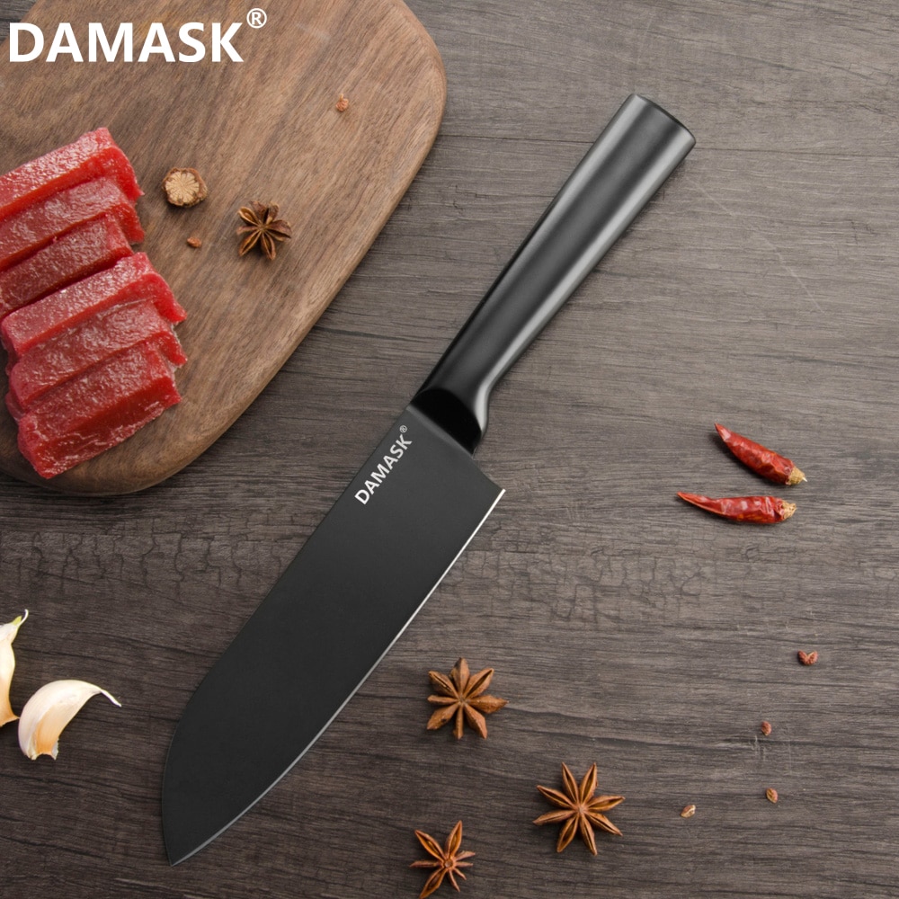 Damask rustfrit stål køkkenkniv sæt sort farve kok hakke nakiri slagter knive sæt 4 cr 14 mov kogekniv