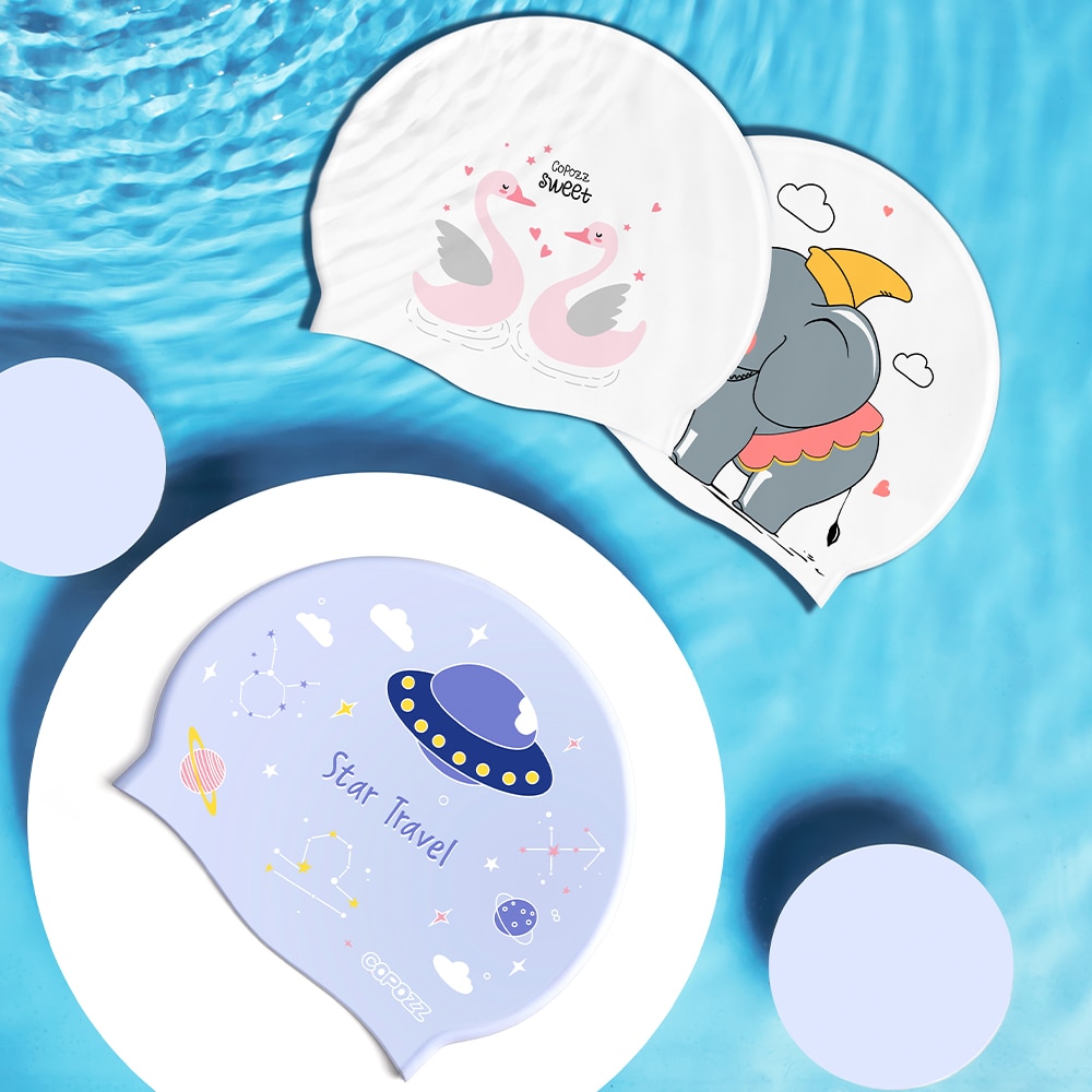 Vandtæt silikone svømningshætte til børn børn elastisk stof søde tegneserie svømning udstyr til svømmehætter