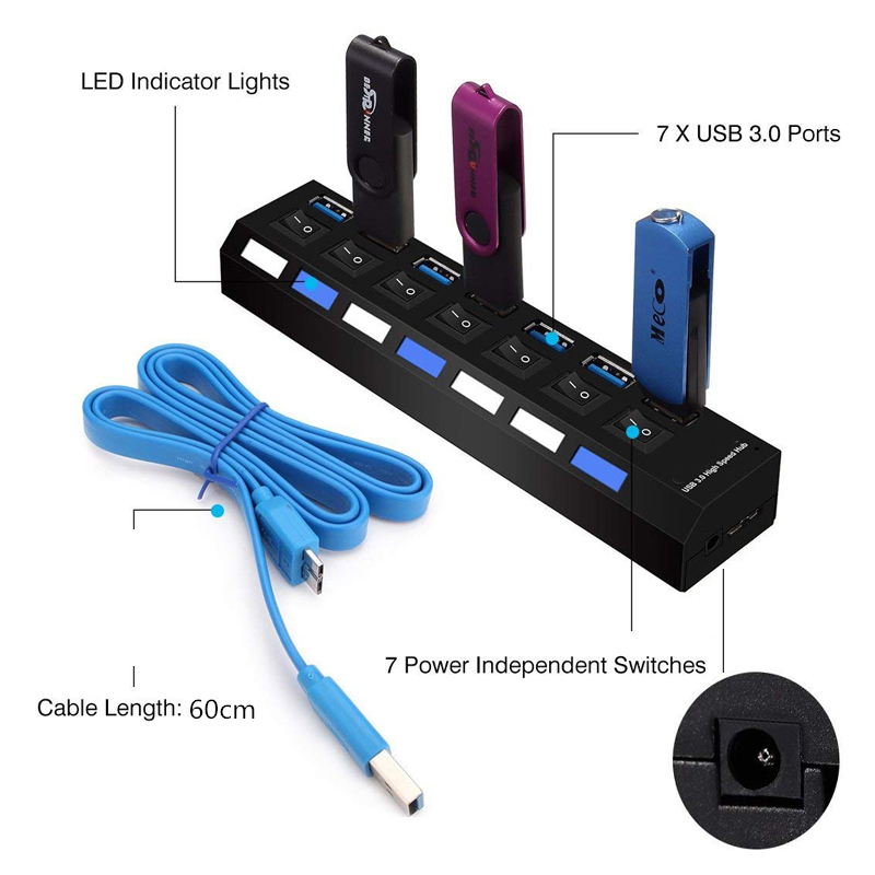 7 Port USB 3.0 Hub With Individual LED Power Switches For Macbook Pro Air Computer PC Laptop Accessories Cable Splitter Adaptor