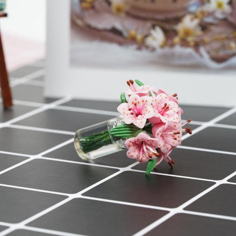 Dongzhur Poppenhuis Speelgoed Mini Bloem Roze Lelie Glazen Fles Bloemstuk Poppenhuis Meubels Miniaturen 1:12 Accessoires