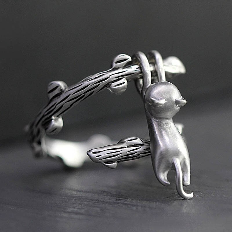 Joiashome thaise zilveren ring met 925 verstelbare sieraden voor vrouwen, kat, klimtak, schattig kitten, onderdeel sieraden