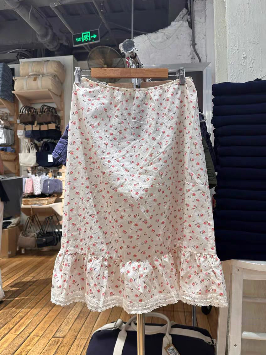 Røde blomstrede midi-nederdele kvinder sommer blondekant a-linje lange faldas kvindelige preppy stil all-match søde søde bomuldsnederdele  y2k