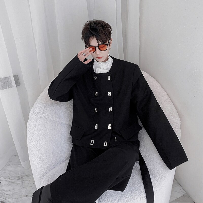 Nicho-ropa de calle de Metal para hombre, chaqueta masculina holgada informal con doble botonadura y hombrera, traje corto de estilo Vintage