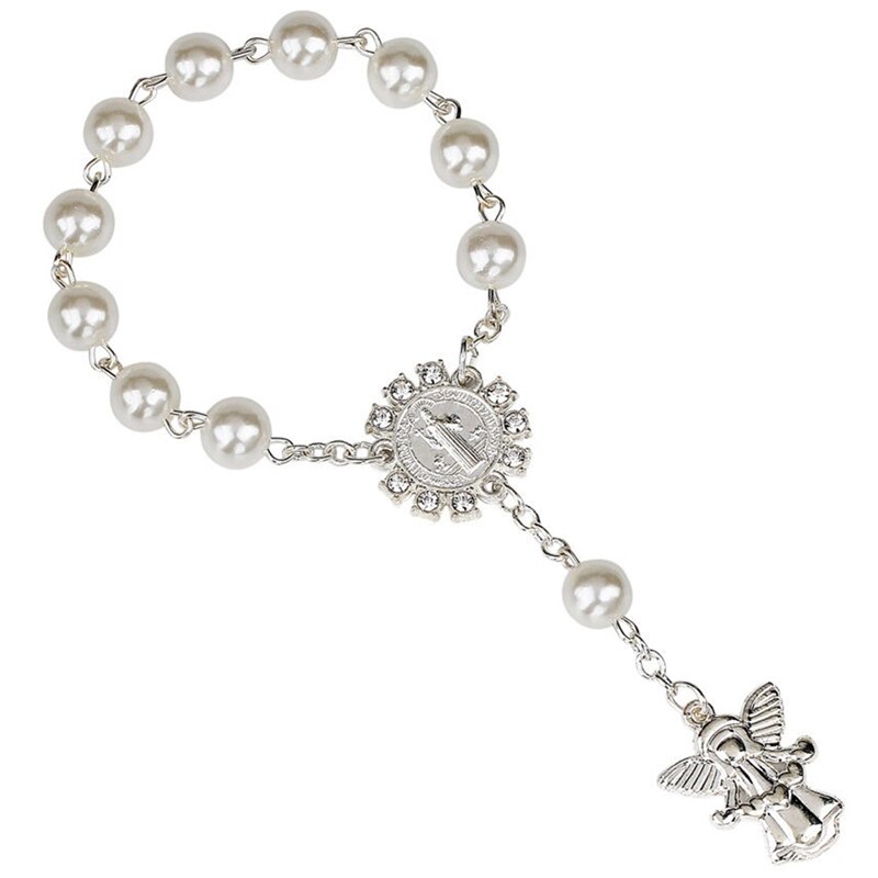 1 Uds imitación perlas católica Rosario Católico comunión alas de Ángel colgantes del Crucifijo pulsera lindo: SV